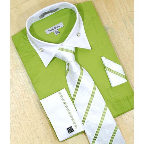 Daniel Ellissa Lime Green / White With Embroidered Design Shirt/Tie/Hanky Set DS3736P2